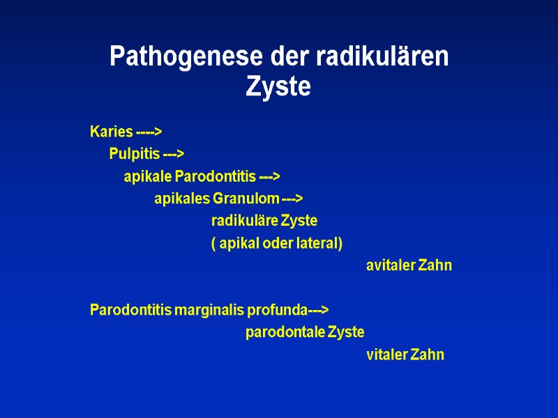 Pathogenese der radikulären Zyste Karies ---->      Pulpitis ---> 